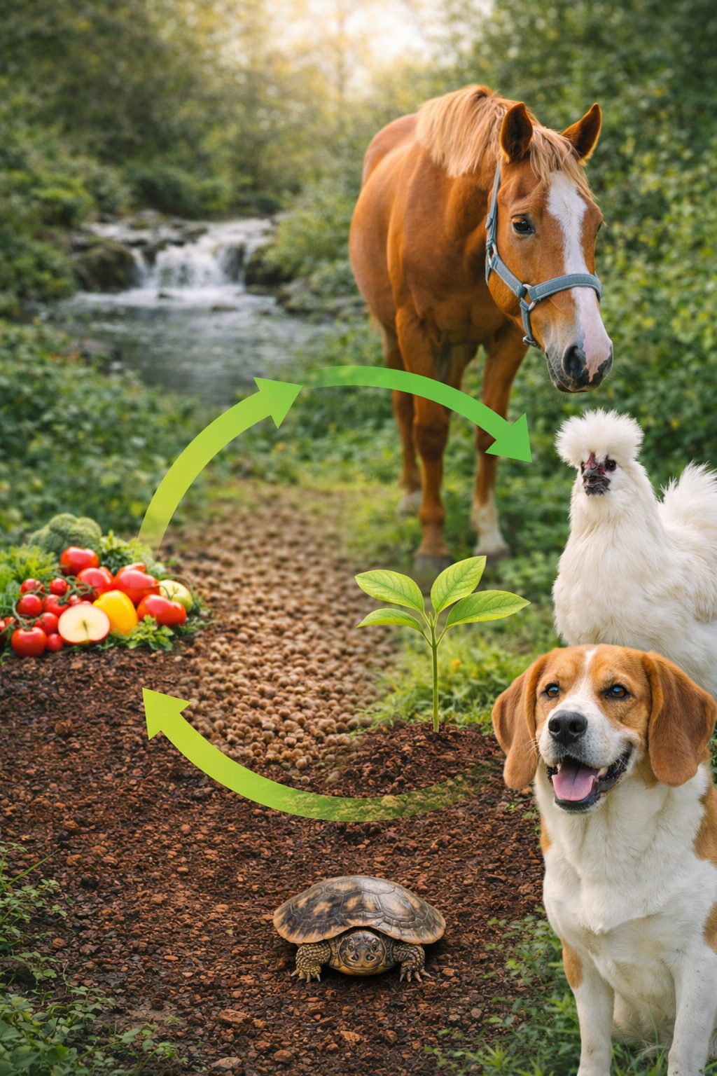 Founder walking a senior dog beside a horse pasture at sunrise