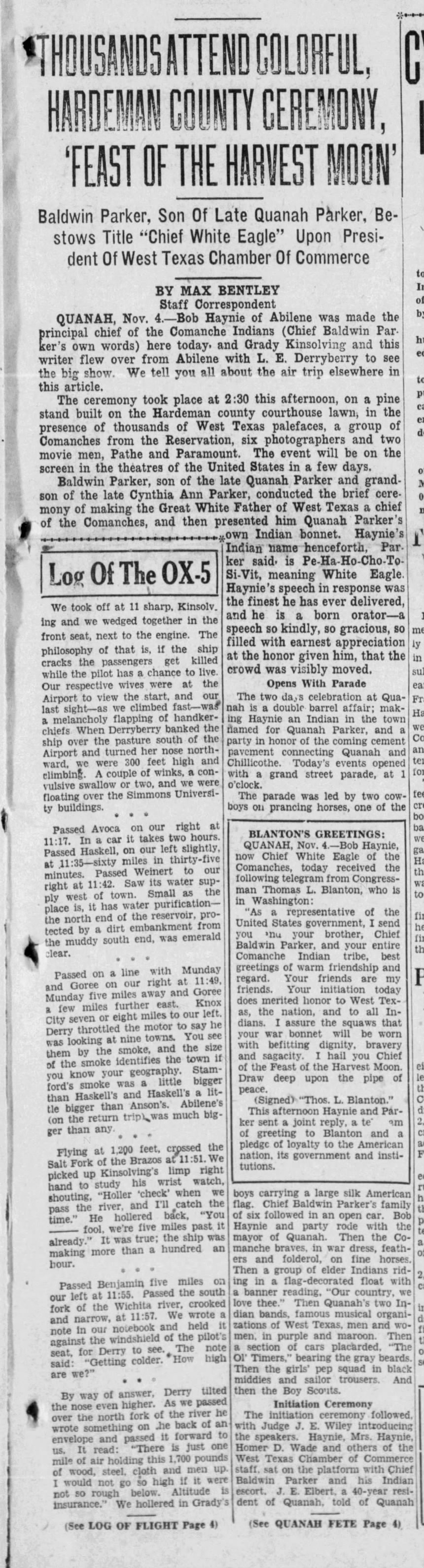 Newspaper article about the Feast of the Harvest Moon ceremony in Quanah, Texas
