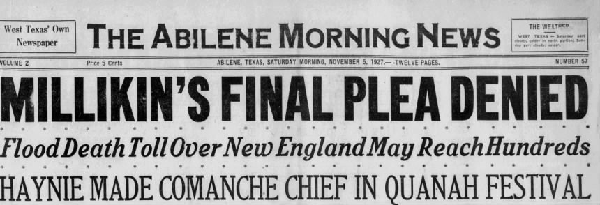 1927 newspaper headline reading Haynie Made Comanche Chief in Quanah Festival