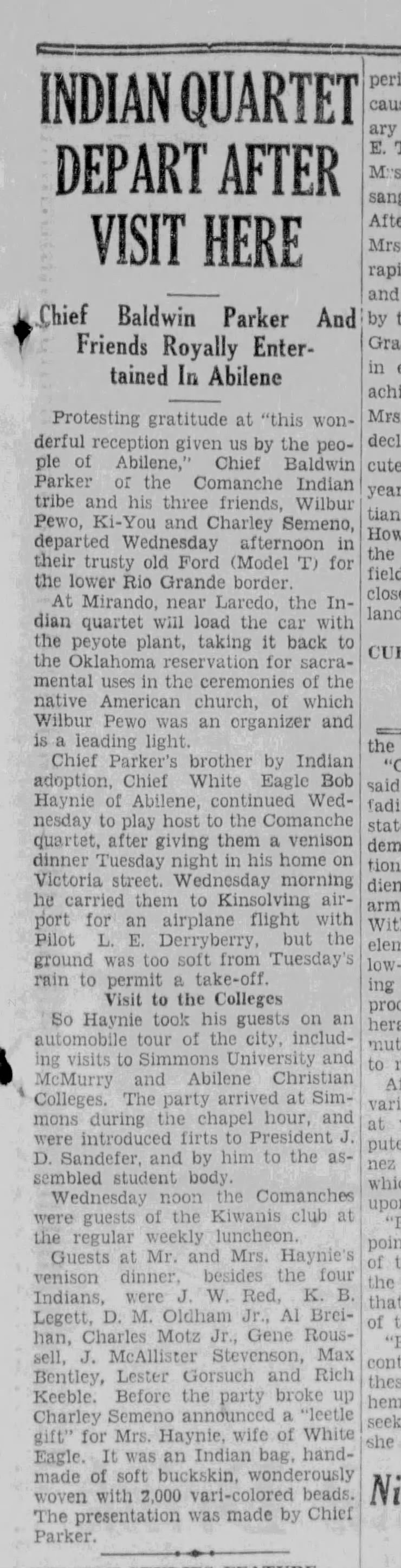 Historic newspaper clipping titled Indian Quartet Depart After Visit Here