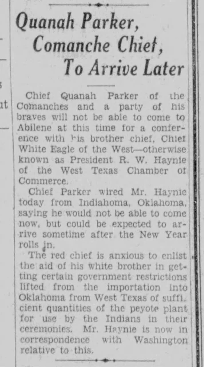 Historic newspaper clipping about Quanah Parker expected to arrive later