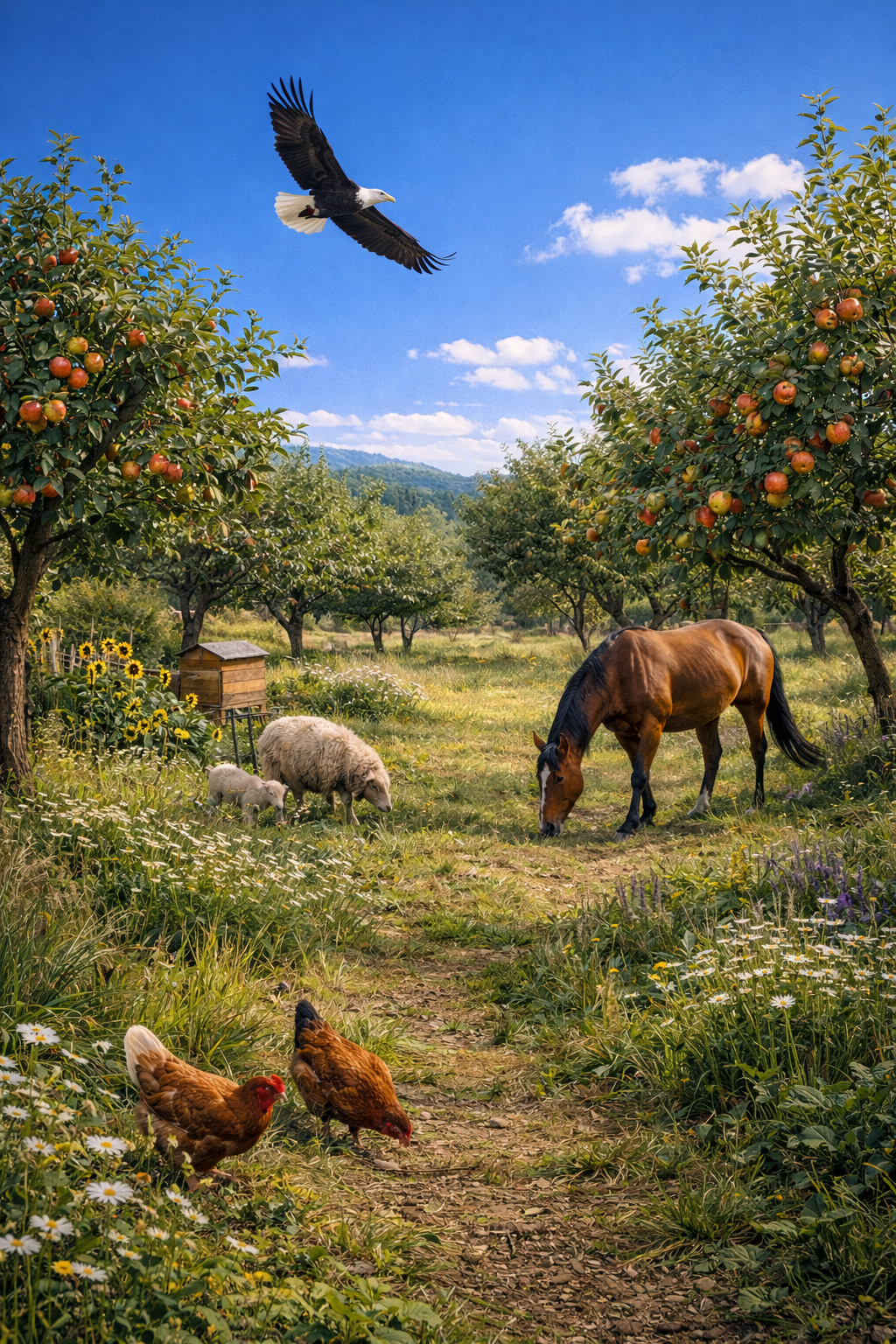 Pasture scene with horse, sheep, and hens under a soaring eagle