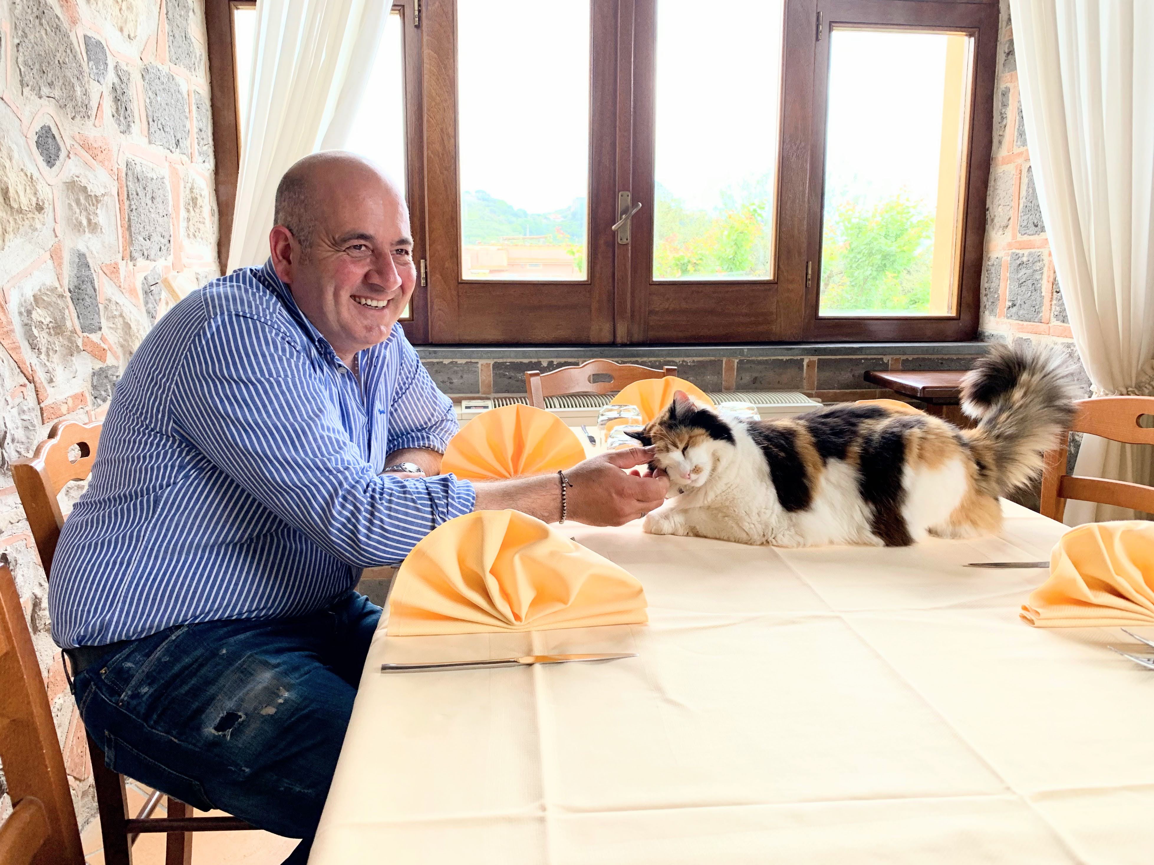 A man seated at a table with his cat — daily life shared between species