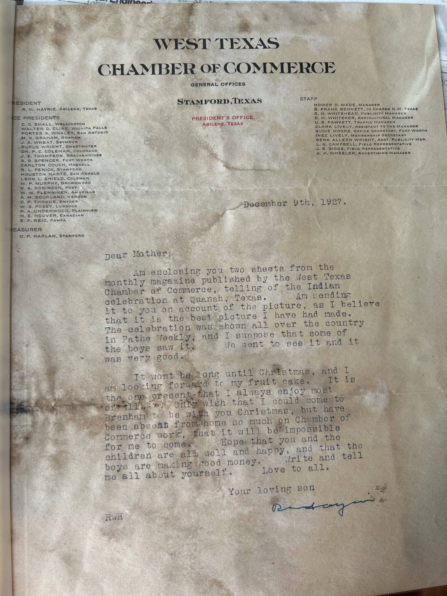 December 9, 1927 letter from Robert W. Haynie to his mother on West Texas Chamber of Commerce letterhead